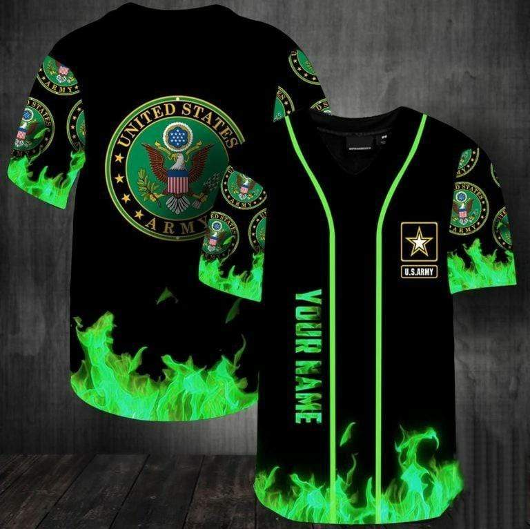 Us Army Green Fire Flame Personalized 3d Baseball Jersey