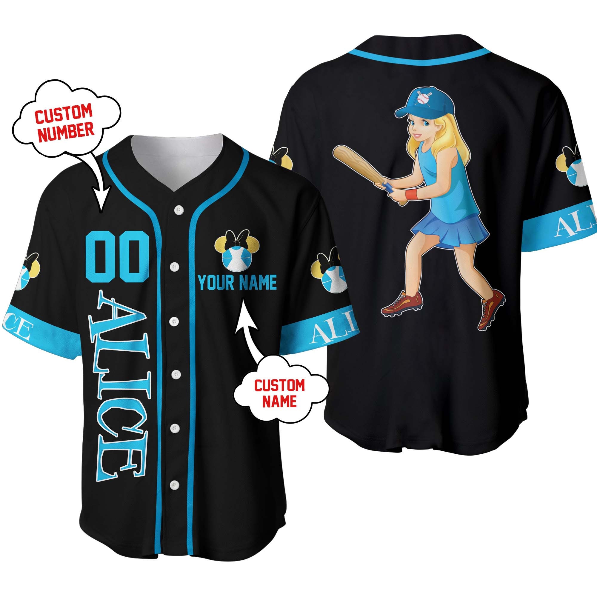 Alice in Wonderland Disney Personalized Unisex Cartoon Custom Baseball  Jersey - Teeruto