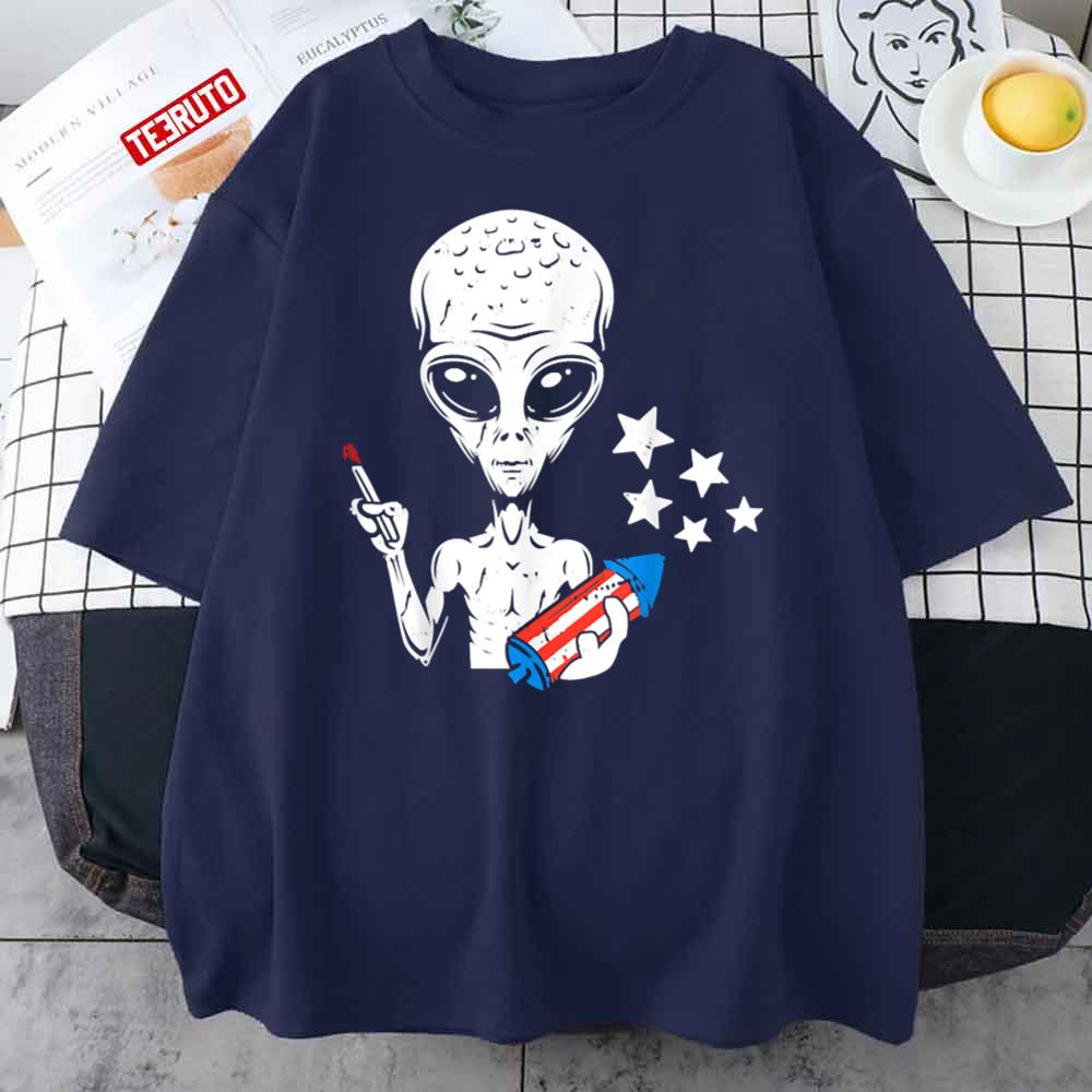 Alien Just Here To Bang 4th Of July American Flag Funny Unisex T-Shirt