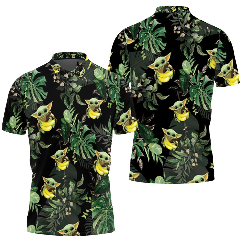 Baby Yoda Hugging Bananas Seamless Tropical Green Leaves On Black Polo Shirt All Over Print Shirt 3d T-shirt