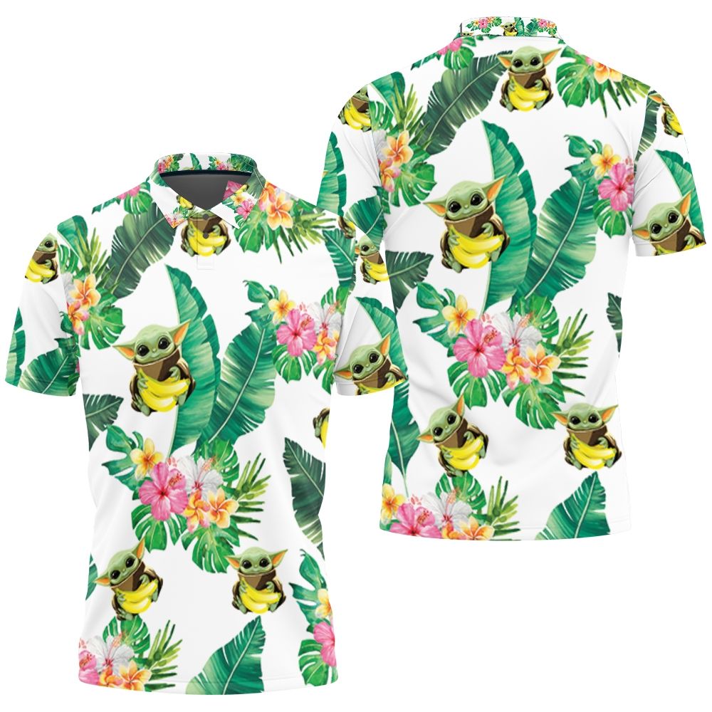 Baby Yoda Hugging Bananas Seamless Tropical Leaves Colorful Flowers On White Polo Shirt All Over Print Shirt 3d T-shirt