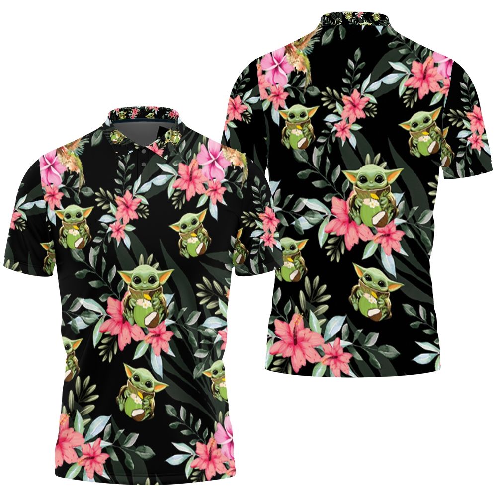 Baby Yoda Hugging Coconuts Seamless Tropical Colorful Flowers On Black Polo Shirt All Over Print Shirt 3d T-shirt