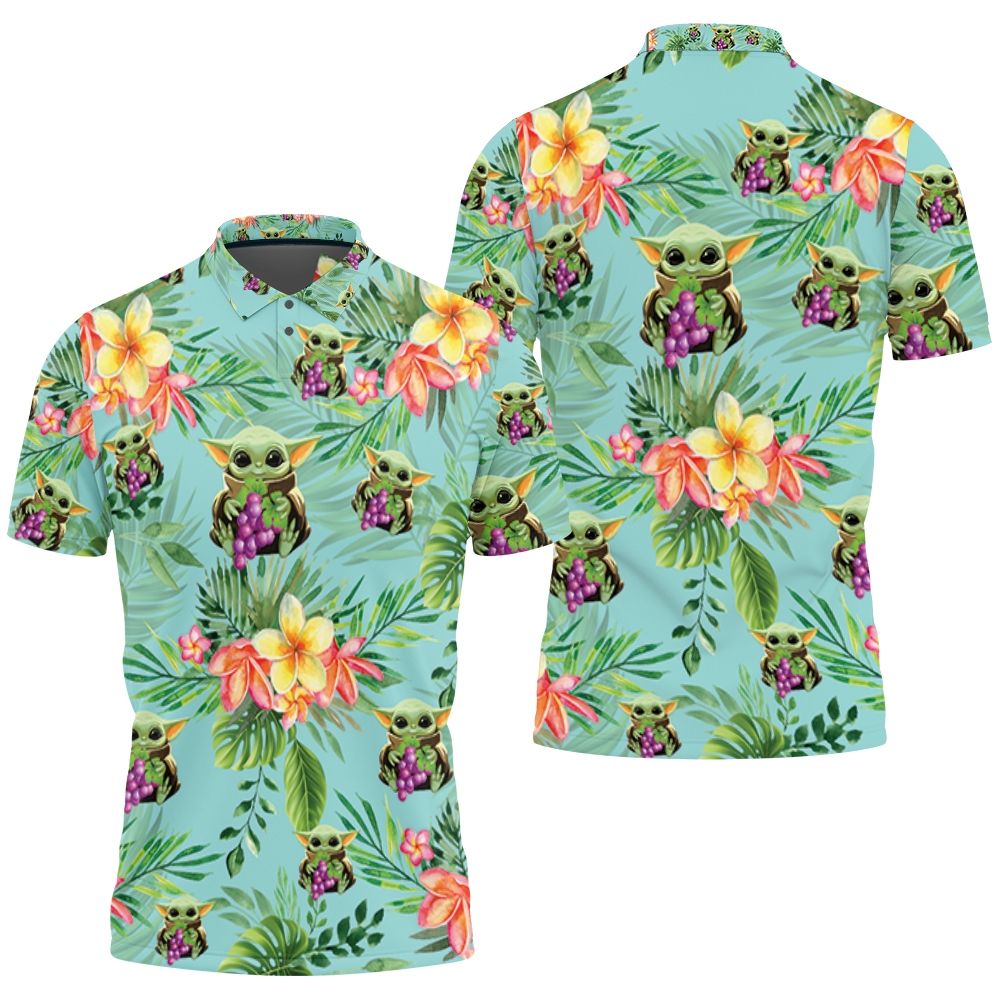 Baby Yoda Hugging Grapes Seamless Tropical Leaves Colorful Flowers On Teal Polo Shirt All Over Print Shirt 3d T-shirt