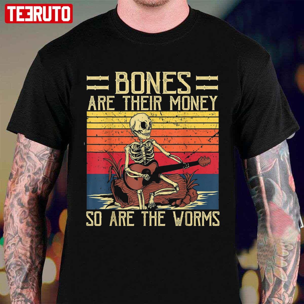 Bones Are Their Money Skeleton Playing Guitar Retro Vintage Unisex T-Shirt