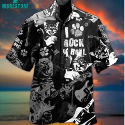 Cat Rock D Roll Cool Music Lover Short-Sleeve Rock Music Button Up Hawaiian Shirt