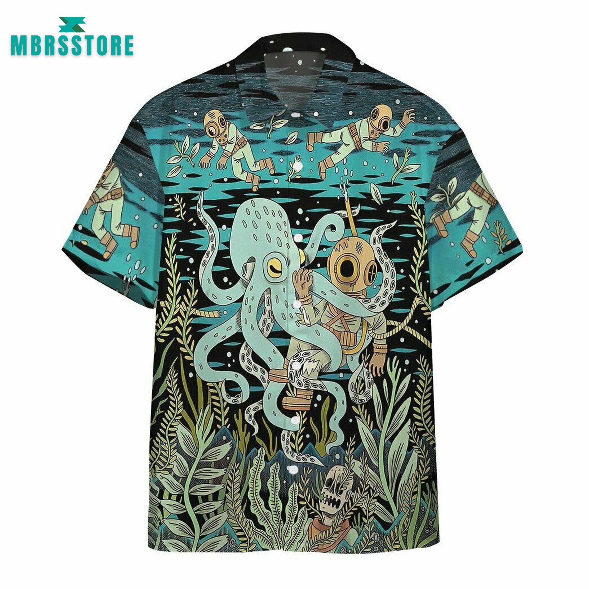 Diver Fighting With Octopus Button Down Short Sleeve Series Vintage Beach Hawaiian Shirt