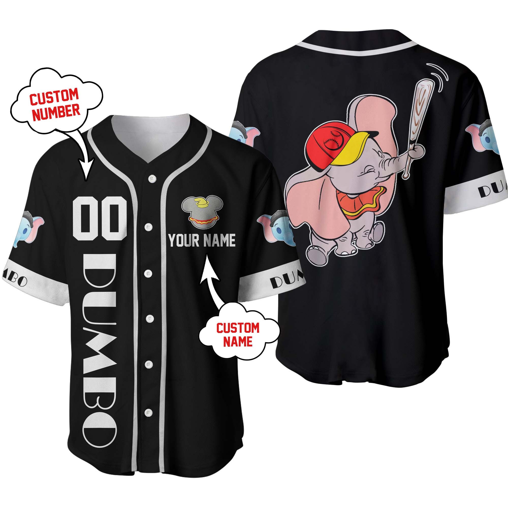 Dumbo Elephant Black White Disney Personalized Unisex Cartoon Custom Baseball Jersey