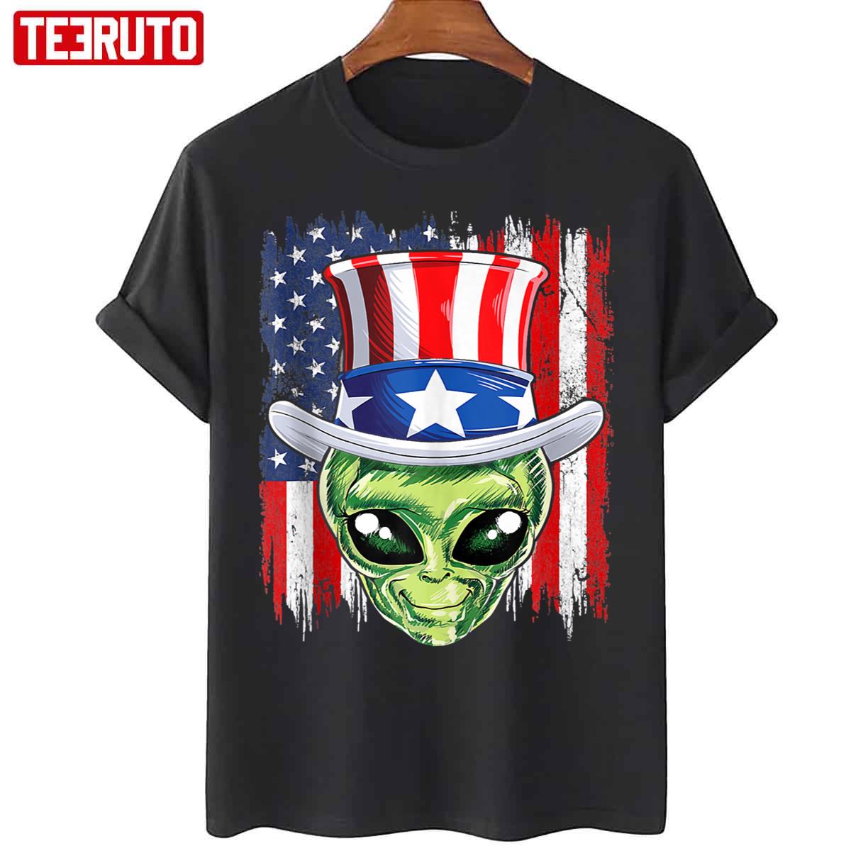 Funny Alien Just Here To Bang 4th Of July American Flag Unisex T-Shirt