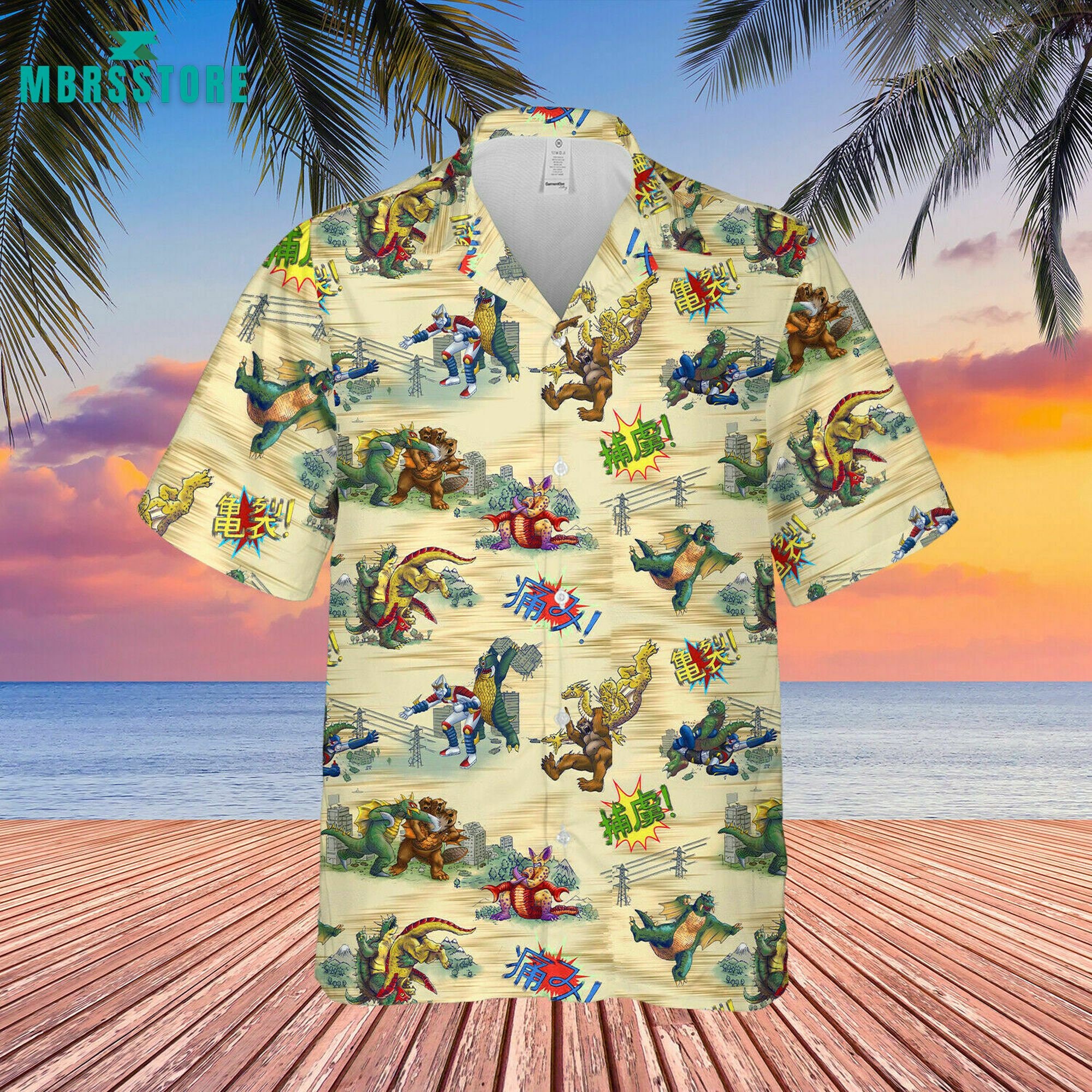 Godzilla King Of Monster Vintage Beach Button Down Tropical Hibiscus ...