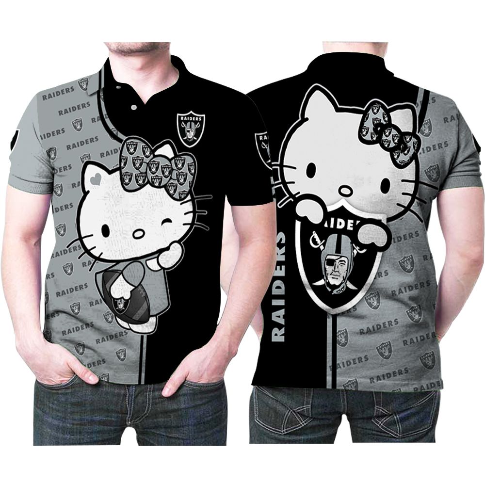 Hello Kitty Hugs Oakland Raiders Ball Logo 3d Printed Gift For Oakland Raiders Fan Polo Shirt All Over Print Shirt 3d T-shirt