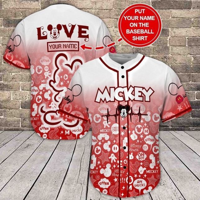 Love Mickey Custom Name 123456 White Red Gift For Lover Baseball Jersey