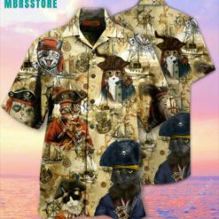 Pirate Cat Short Sleeve Button Funny Summer Cat For Him Hawaiian Shirt