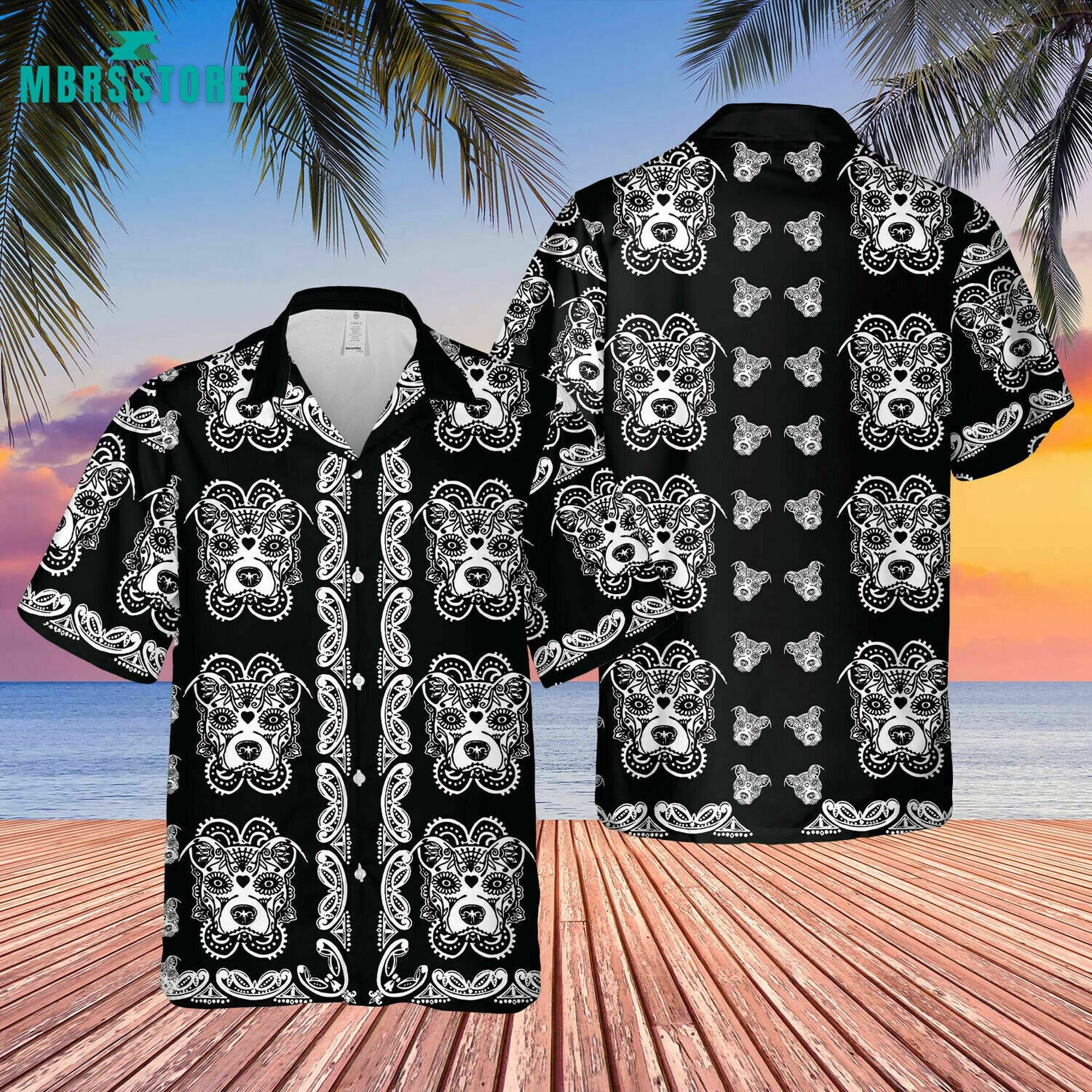 Pitbull Sugar Skull Halloween Button Down For Dog Lovers Hawaiian Shirt