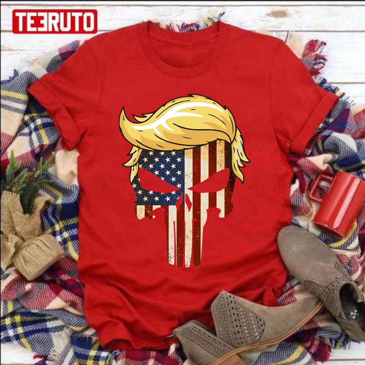 Skull With Iconic Trump Hair America Flag Unisex T-Shirt