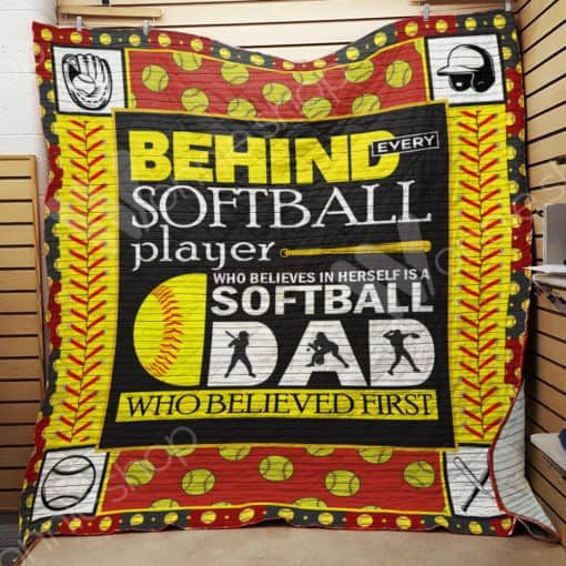 Softball Dad Behind Every Softball Player Quilt Blanket Great Customized Gifts For Birthday Christmas Thanksgiving Perfect Gifts For Softball Lover