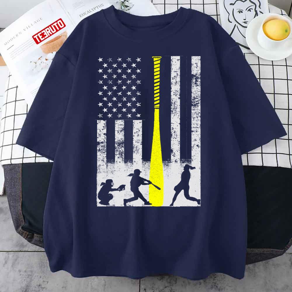 Softball Flag With Softball Players And Yellow Bat Unisex T-Shirt