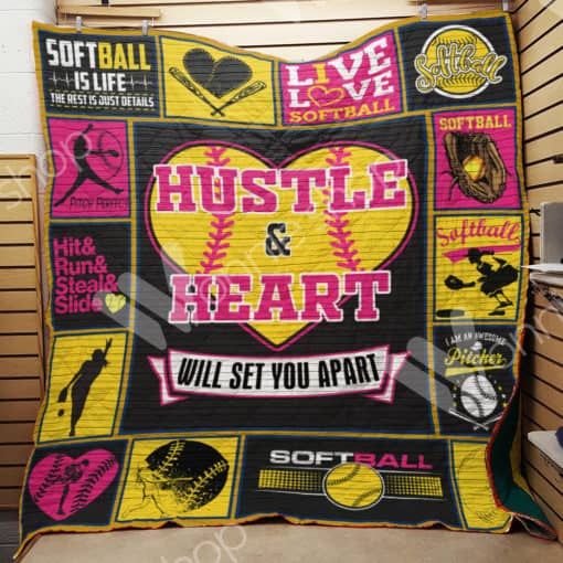 Softball Hustle And Heart Quilt Blanket Great Customized Gifts For Birthday Christmas Thanksgiving Perfect Gifts For Softball Lover