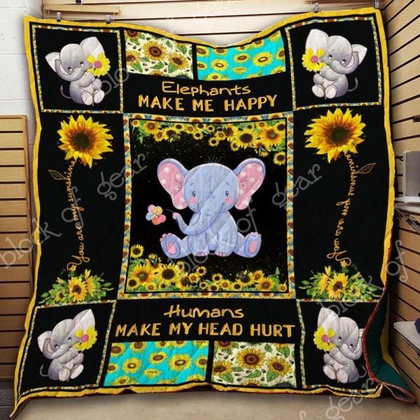 Sunflower Elephants Make Me Happy Quilt Blanket Great Customized Gifts For Birthday Christmas Thanksgiving Perfect Gifts For Elephant Lover
