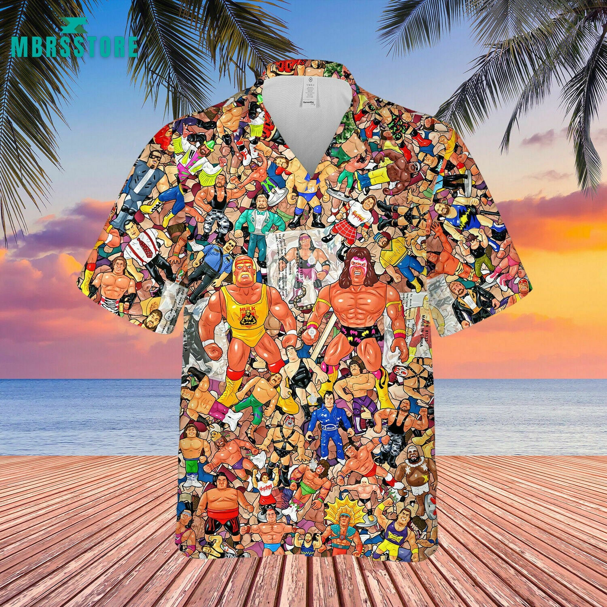 Wrestling Character Collage Art Cactus Made In Hawaiian Shirt