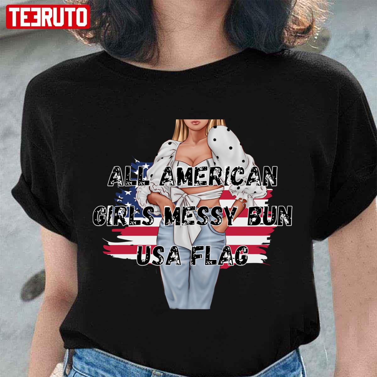  All American Girl 4th Of July Shirt Women Messy Bun USA Flag T- Shirt : Clothing, Shoes & Jewelry