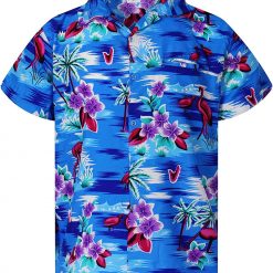 Blue Pink Flamingos Flowers Aloha Hawaiian Shirt