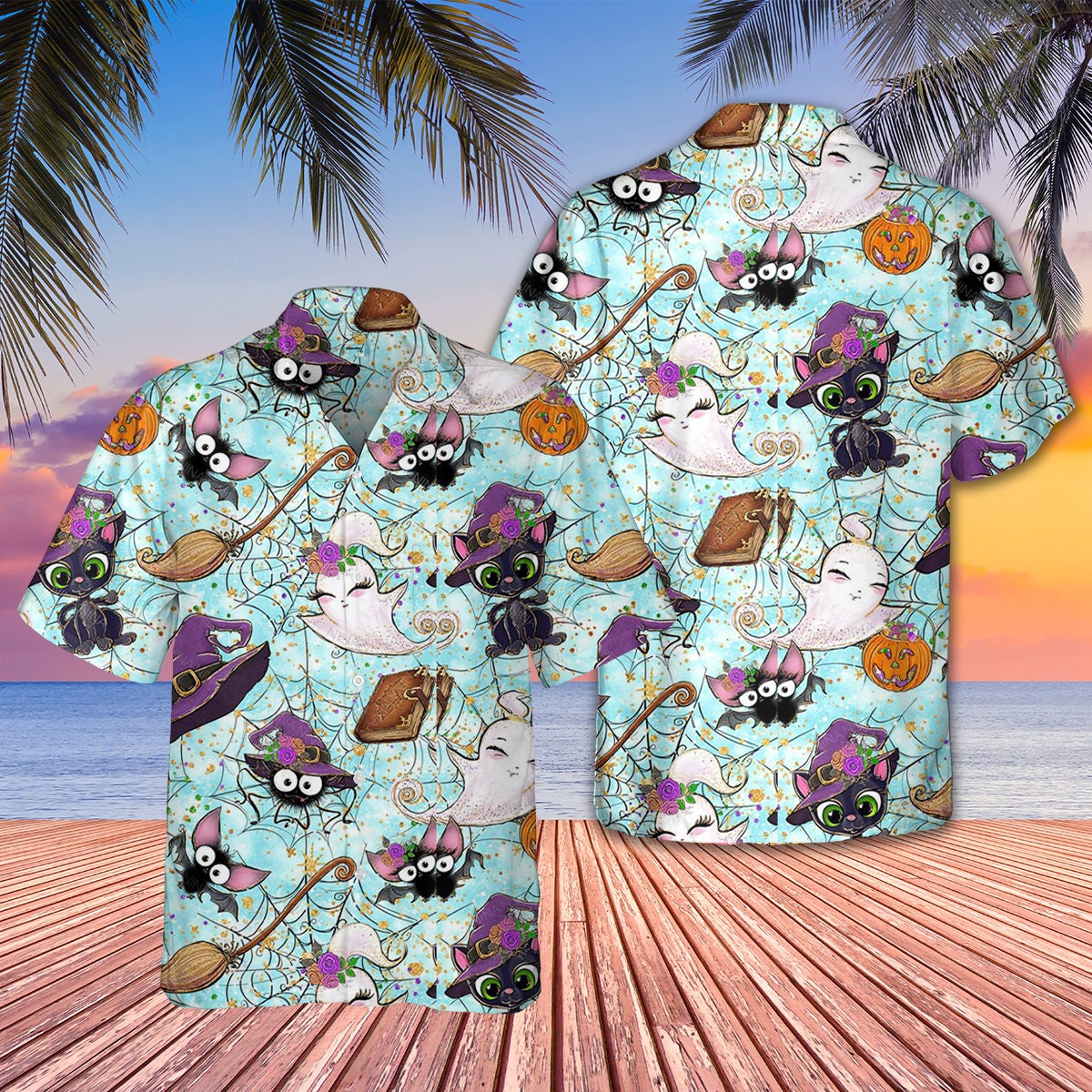 Cat Halloween Skull Pumpkin Hawaiian Tropical Hawaii Shirt
