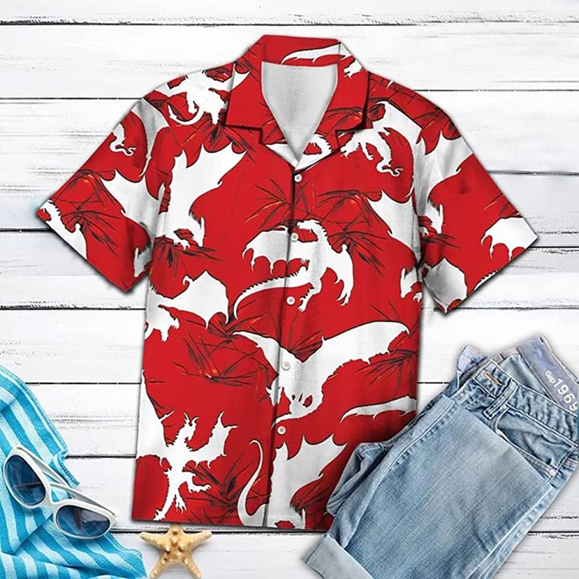 Red Dragon Pattern Short Hawaiian Shirt Gift For Dragons Lover
