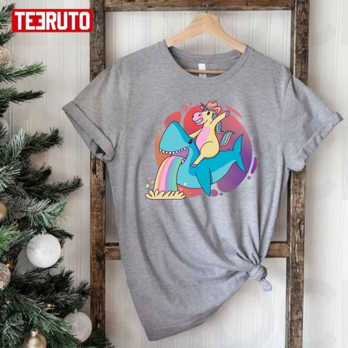 Unicorn Riding Sharks Rainbow Unisex T-Shirt