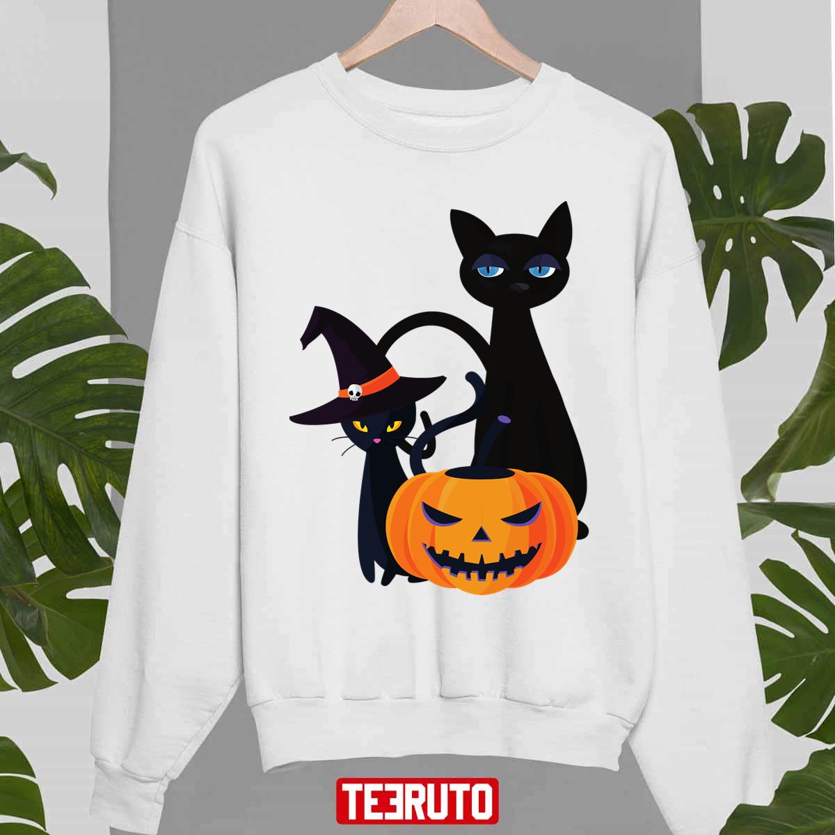 Black Cat Witch Hat Halloween Scary Pumpkin Head Unisex Sweatshirt