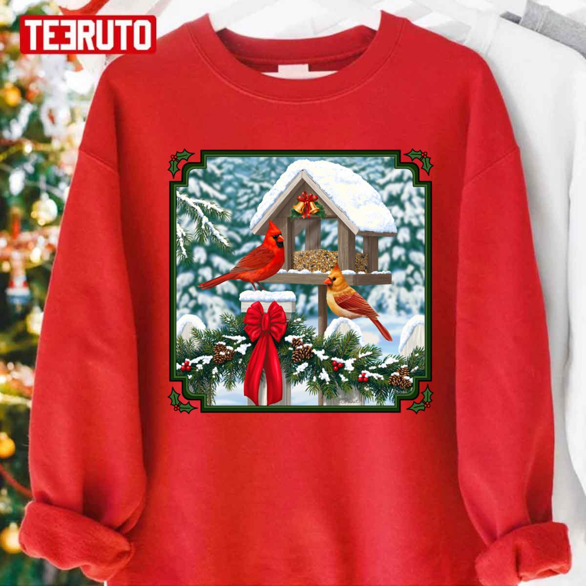 Cardinal Birds And Christmas Bird Feeder Unisex Sweatshirt