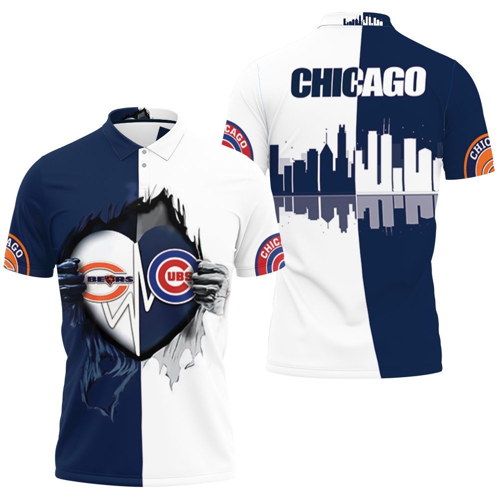 Chicago Bears Chicago Cubs Heartbeat Love Ripped 3d Polo Shirt All Over Print Shirt 3d T-shirt