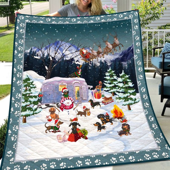 Christmas Camping Dachshunds With Snowman Quilt Blanket