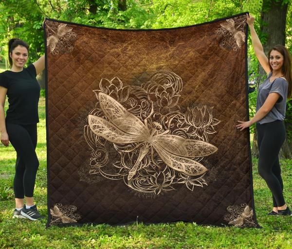 Dragonfly With Lotus Mandala Quilt Blanket - Teeruto