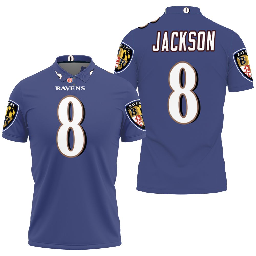 Lamar Jackson #8 Baltimore Ravens Great Player Nfl Custom Game Purple 2019 3d Designed Allover Gift For Baltimore Fans Polo Shirt