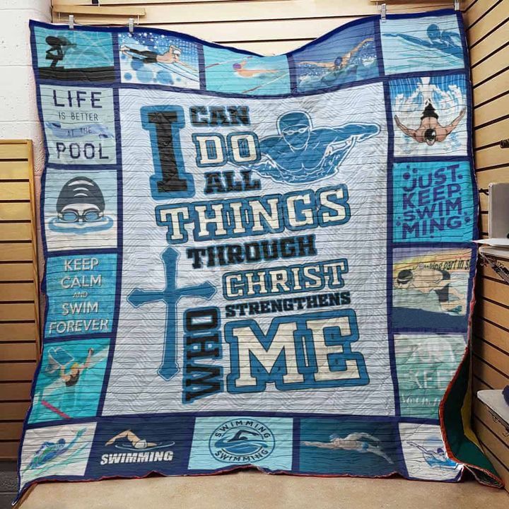 Swimming Christ Who Strengthens Me Quilt Blanket