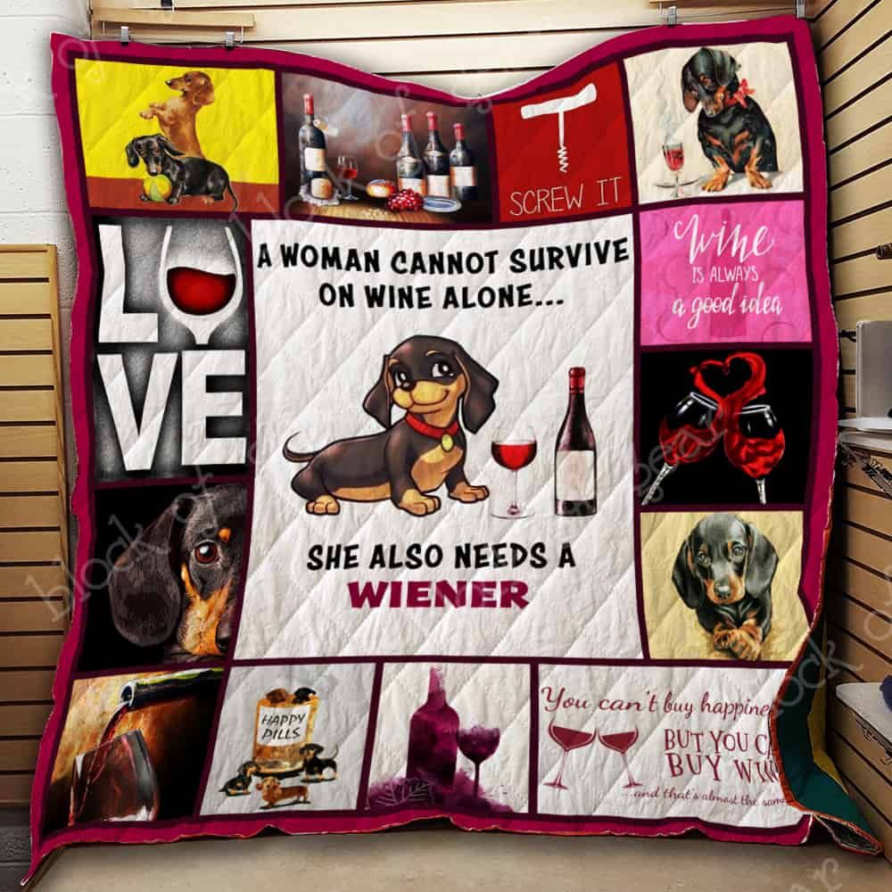 Wine And Dachshund Quilt Blanket