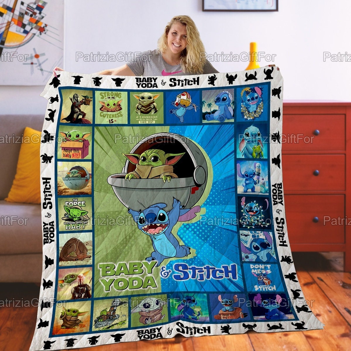 Baby Yoda And Stitch Funny Cute Quilt Gift