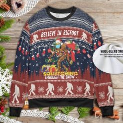 Believe In Bigfoot Squatching Through The Snow Ugly Wool Knitted Christmas Sweater