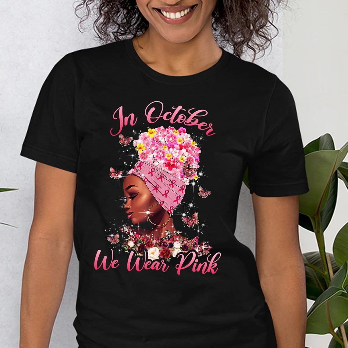 Black Women In October We Wear Pink Breast Cancer Lips Unisex T-shirt