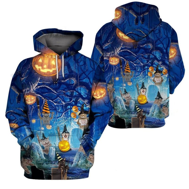 Blue Halloween Cat 3D All-over Printed Hoodie