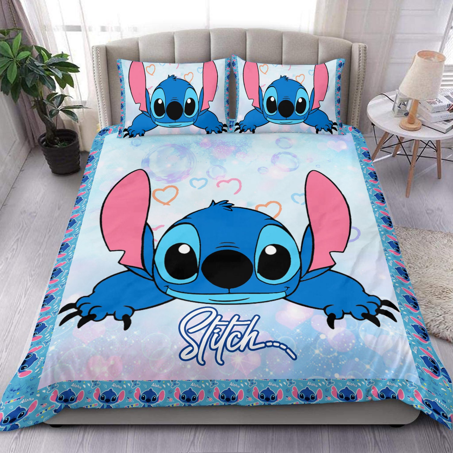 Blue Stich Cute Bedding Set Disney Graphic Cartoon