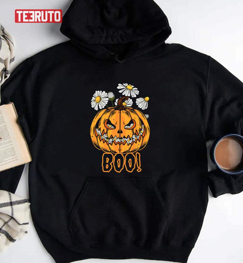 Boo Pattern Halloween Pumpkin And Flower Unisex T-Shirt