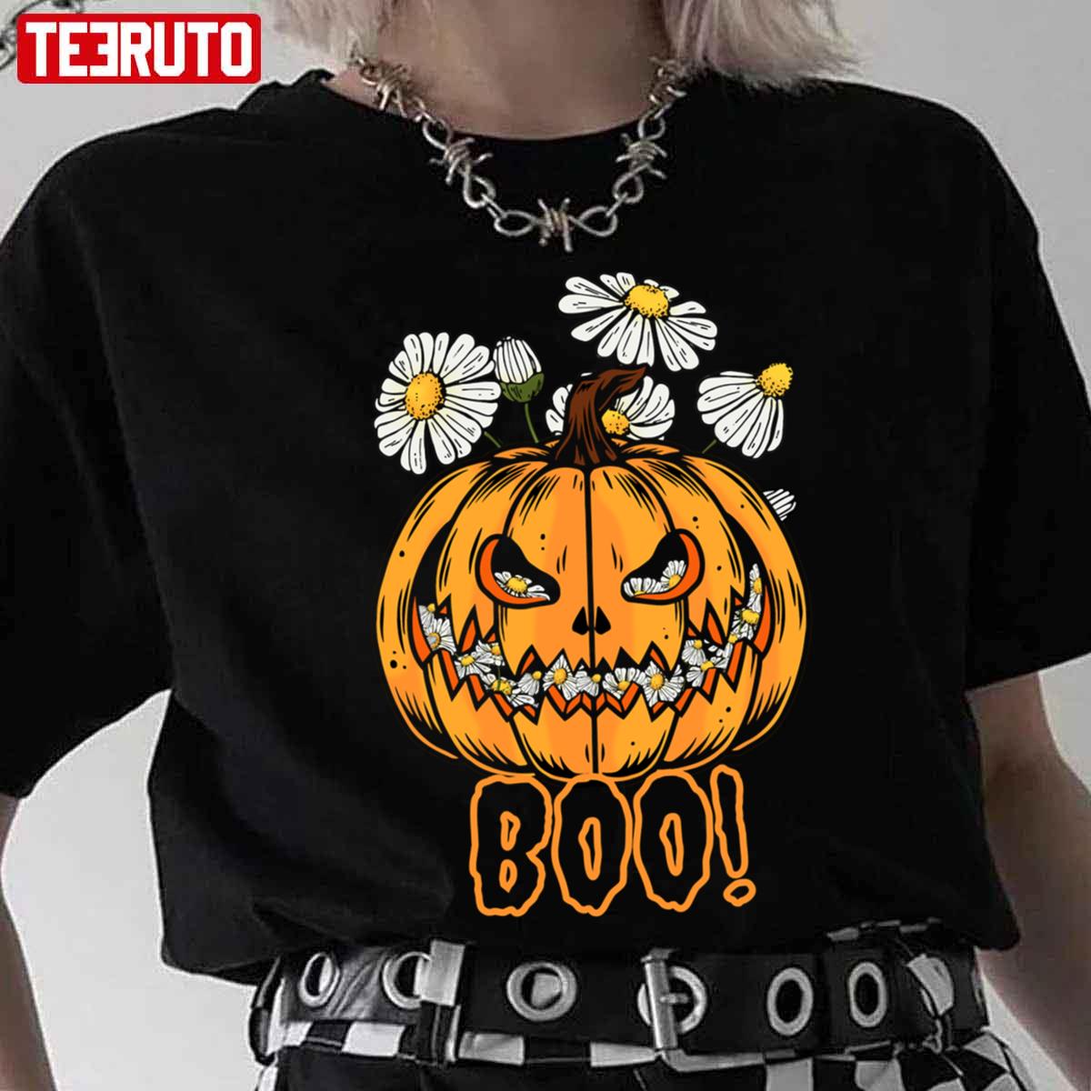 Boo Pattern Halloween Pumpkin And Flower Unisex T-Shirt