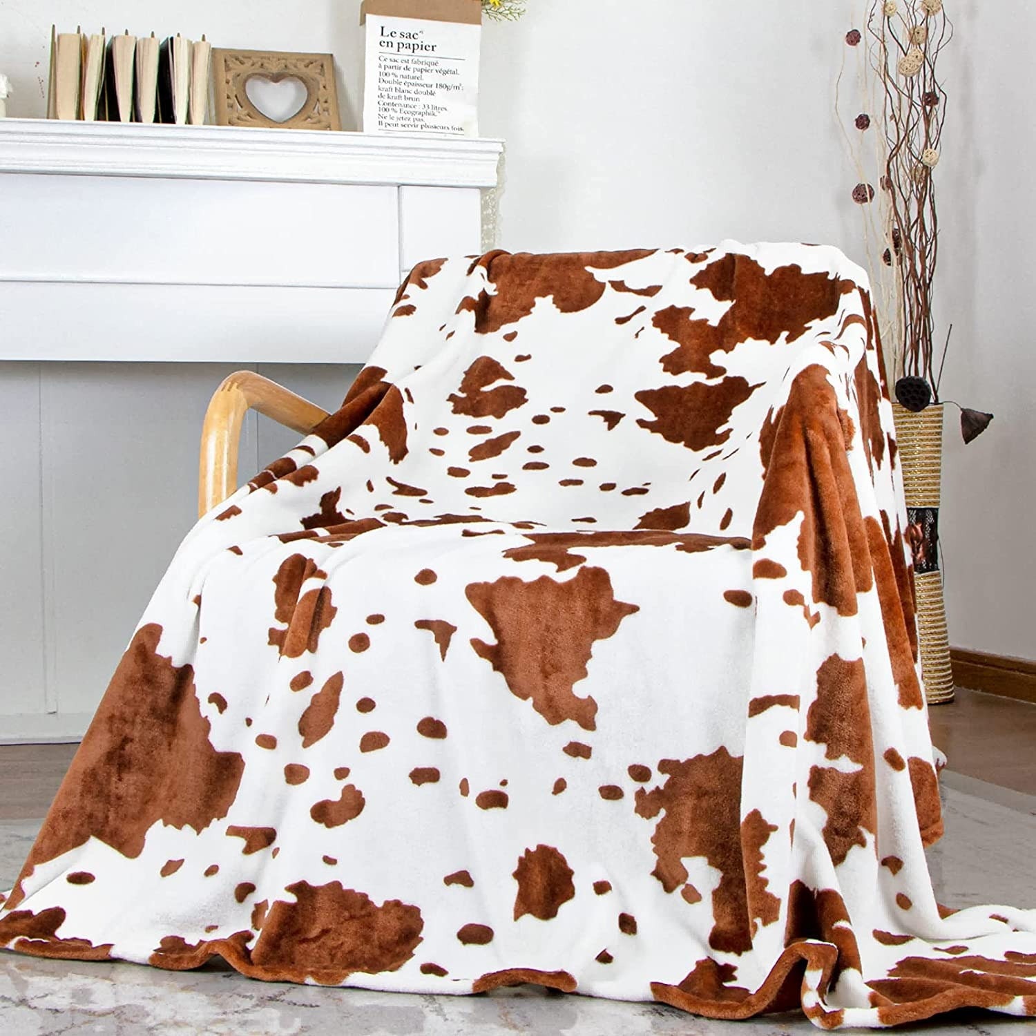 Brown Cow Print Blanket Microfiber Warm Cozy Western Throw Blanket Fleece