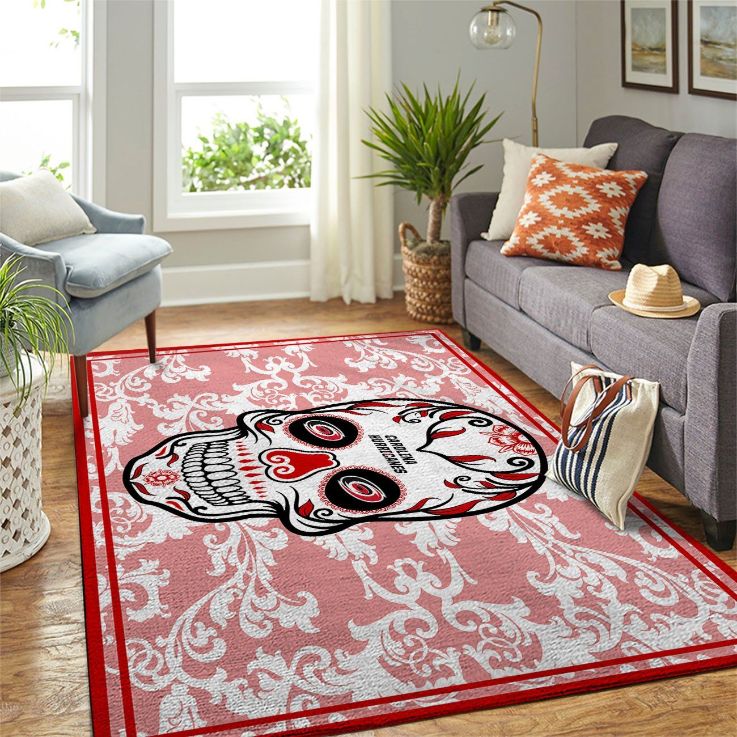 Carolina Hurricanes Nhl Team Logo Skull Flower Style Nice Gift Home Decor Rectangle Area Rug