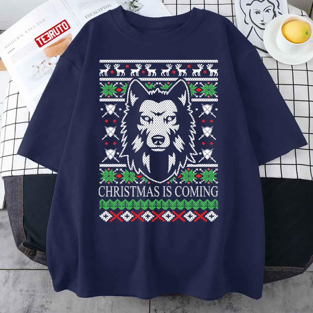 Christmas Is Coming Wolf Ugly Knitted Style Unisex T-Shirt