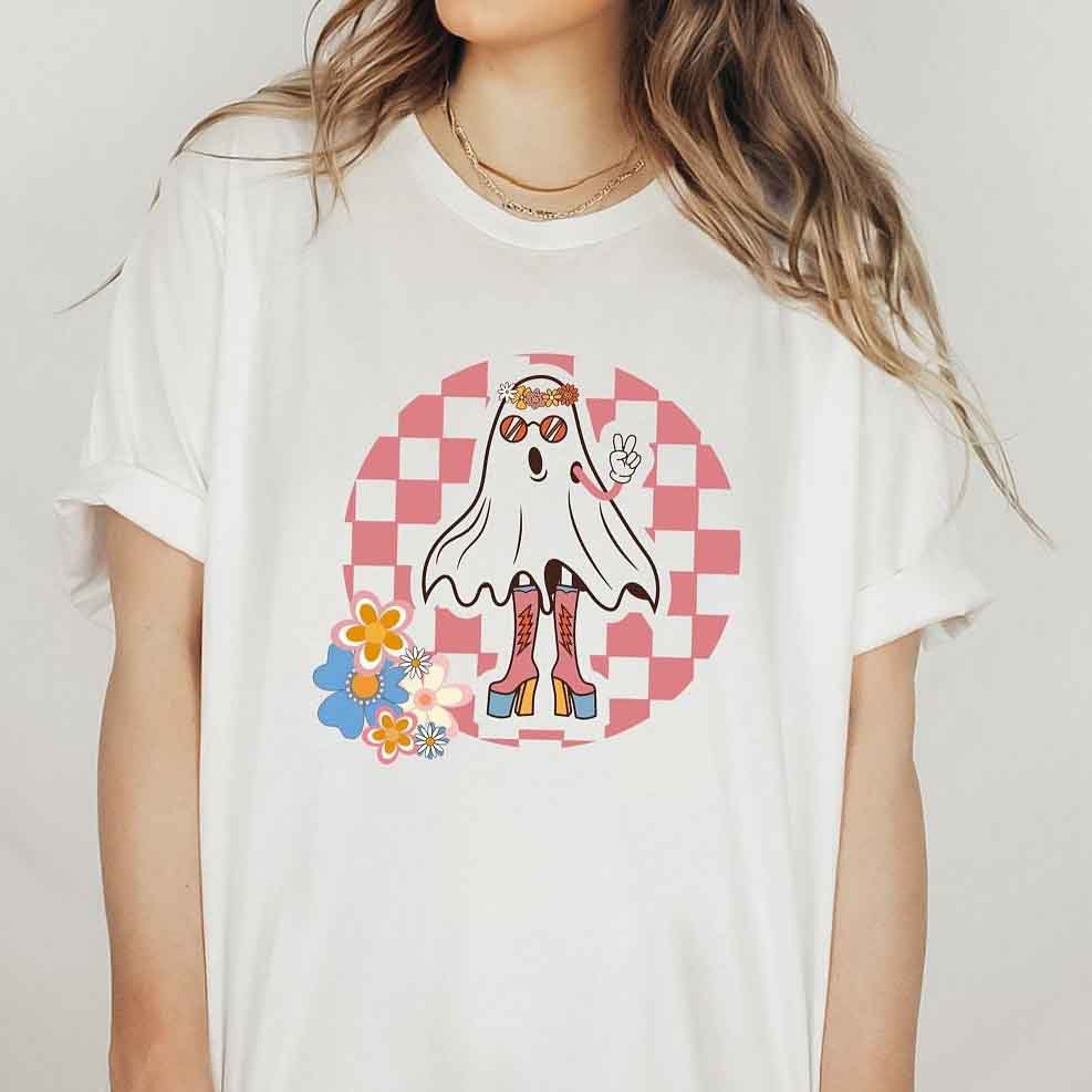 Cute Halloween Groovy Ghost Flowers Witch Fall Vintage Unisex T-shirt