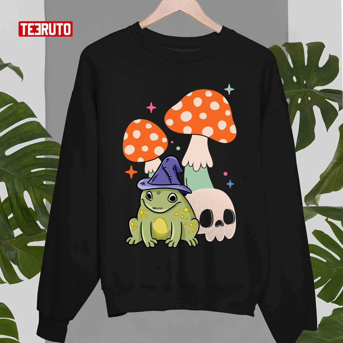 Cute Witchy Frog Cottagecore Frog Wizard Frog With Mushroom And Skull Witchcraft Halloween Unisex Sweatshirt