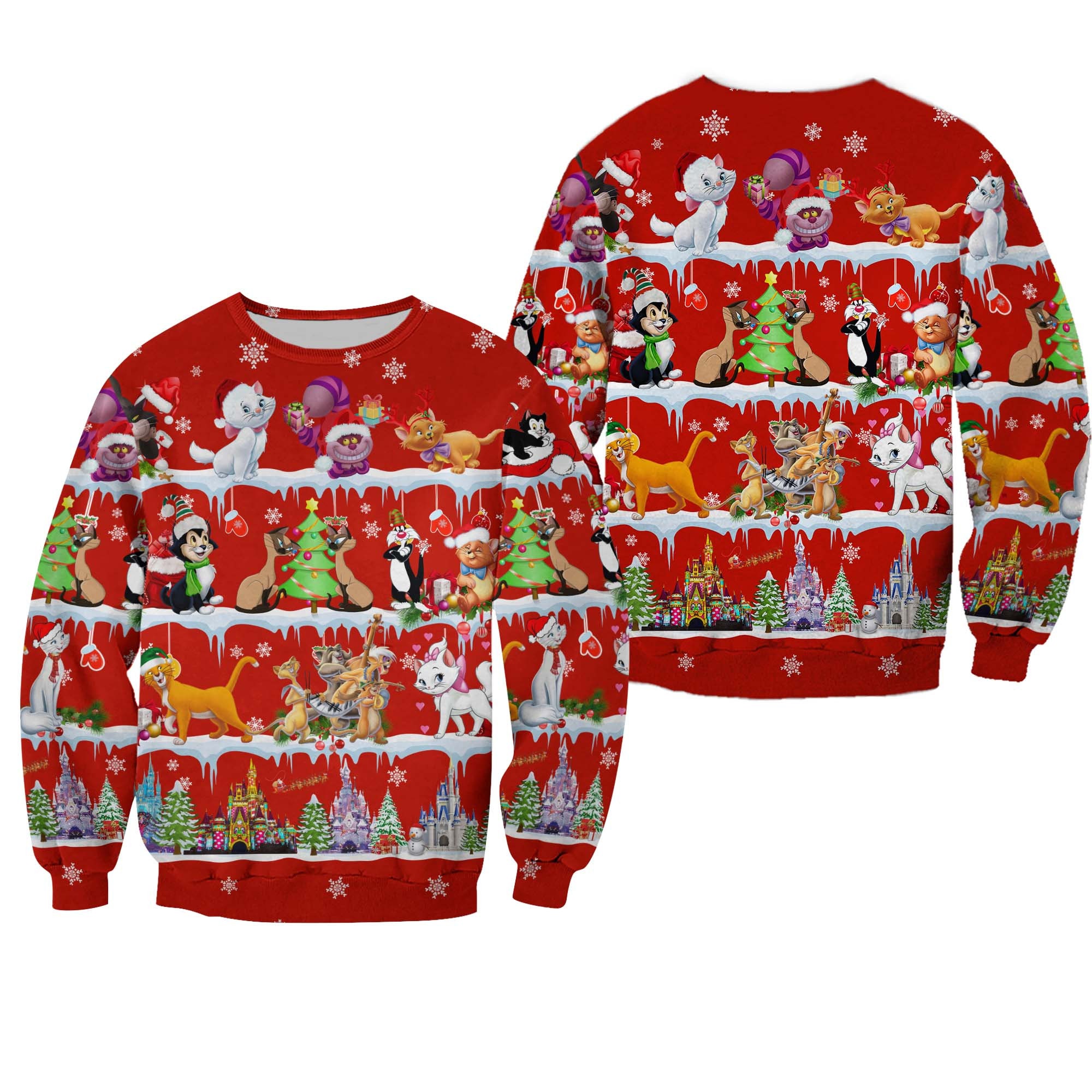 Disney Cats Pattern Xmas Red 2022 Christmas Disney Ugly Christmas All Over Printed Sweater