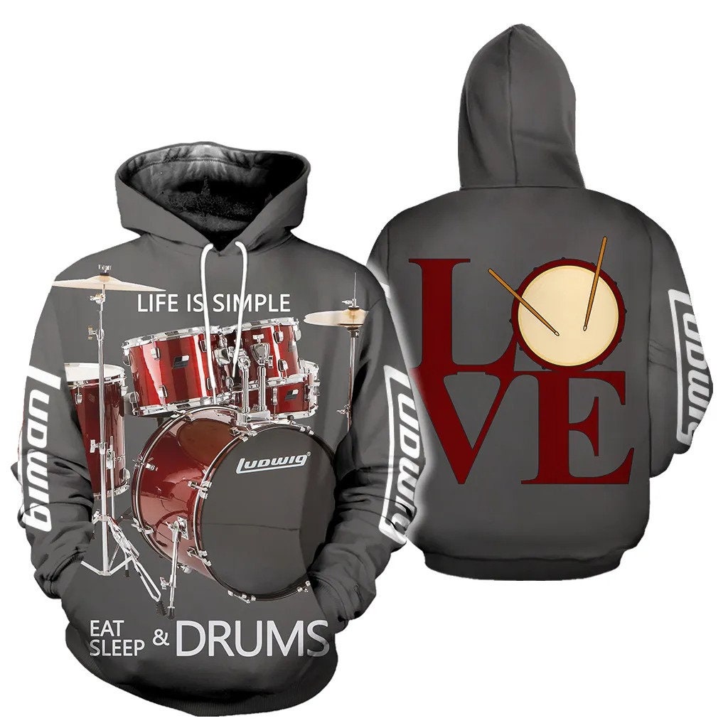 Drums 3D All Over Printed Love Drums AOP Unisex Hoodie